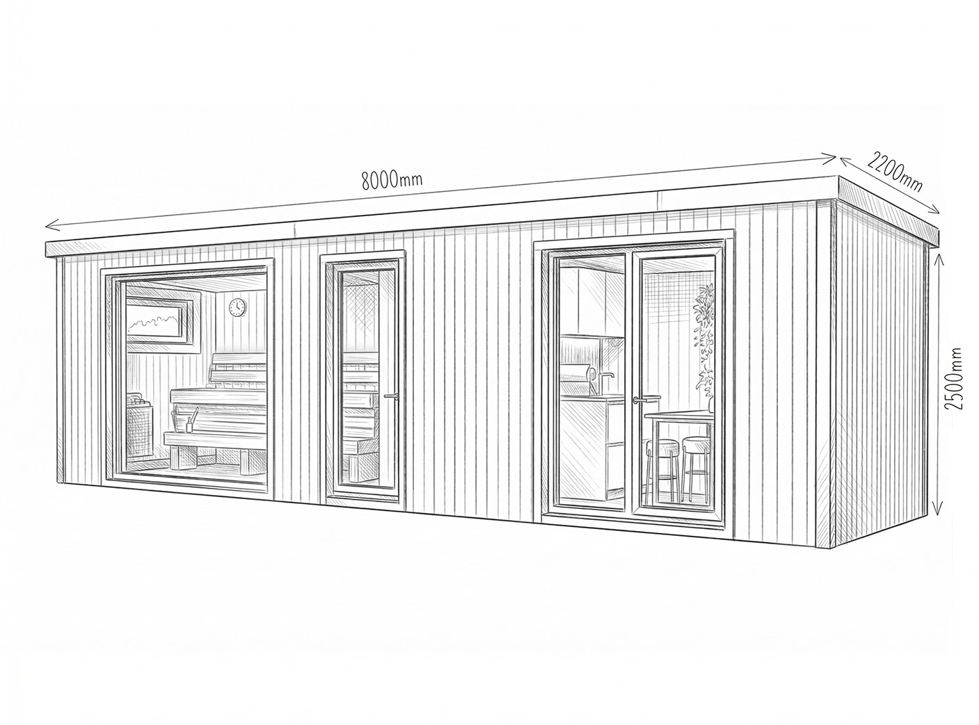 Pohled na saunu s postavami